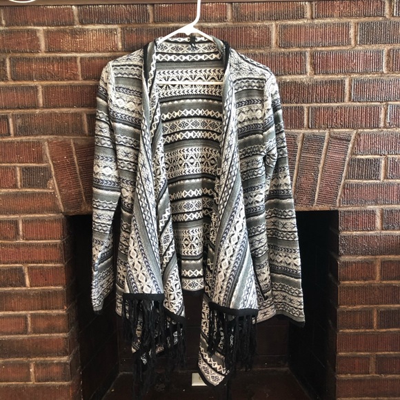 Elon Grey Tribal Pattern Cardigan Fringe Sweater L - Picture 1 of 5